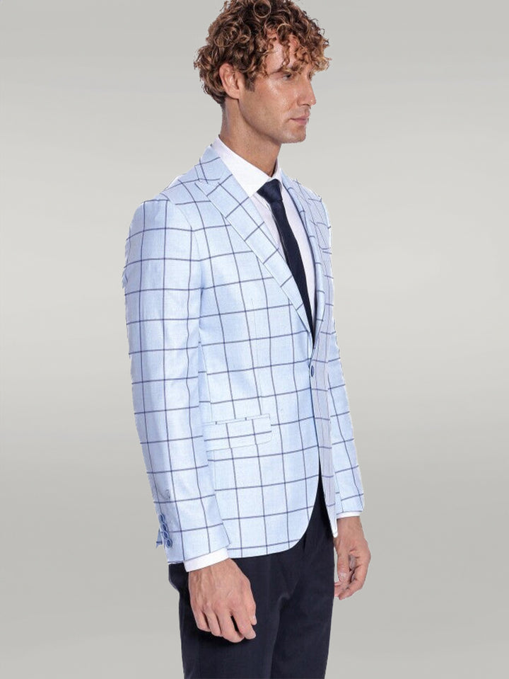 Plaid Slim Fit Light Blue Men Blazer - Wessi