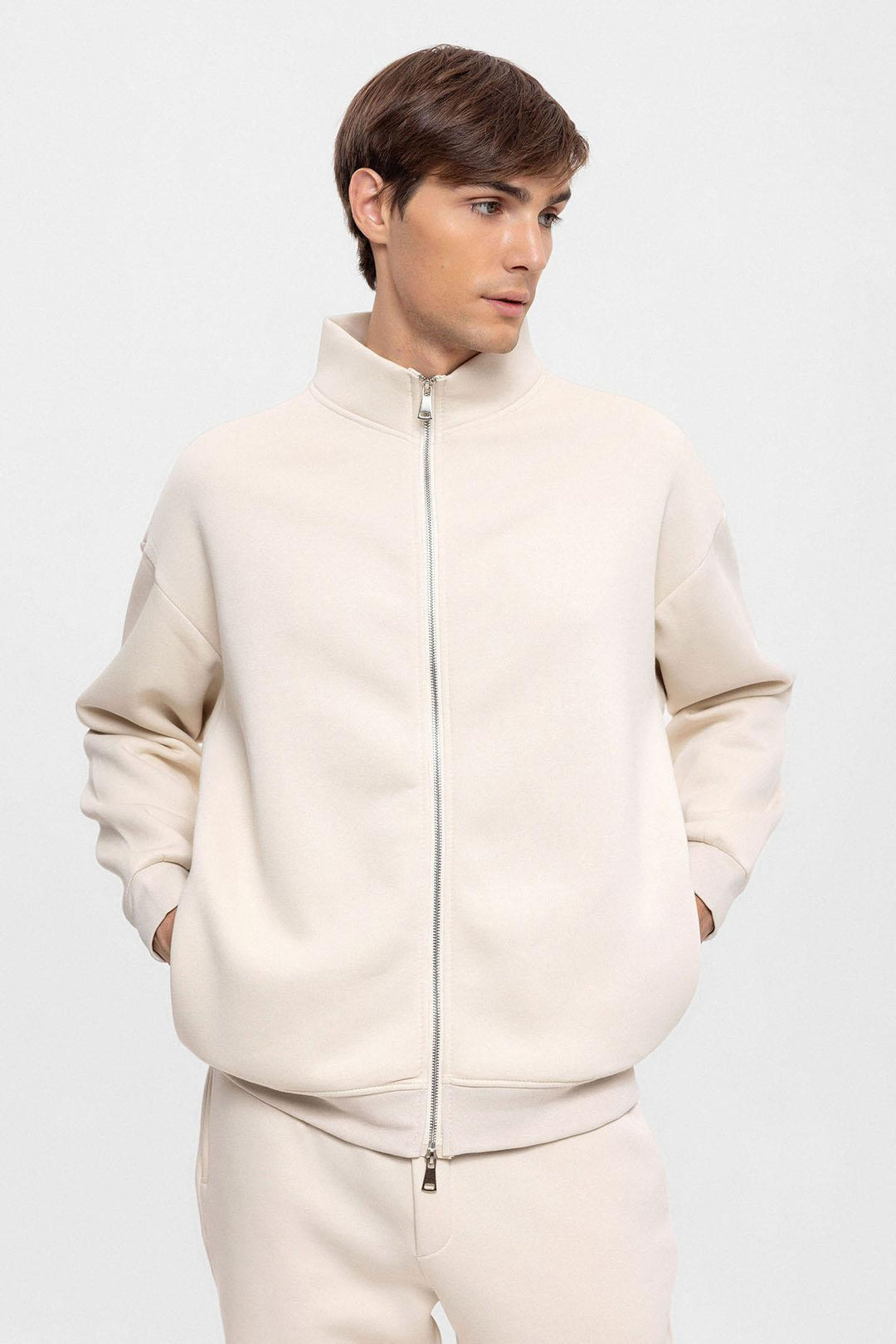 Sudadera Hombre Beige Cuello Alto Doble Cierre Cremallera - Wessi