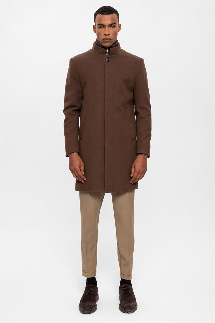 Brown High Collar Men's Coat with Hidden Button Detail - Wessi