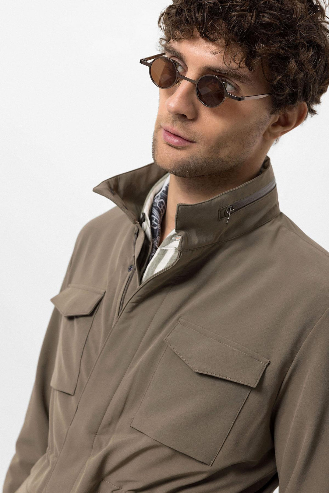 Men's Khaki Stand Collar Safari  Jacket - Wessi