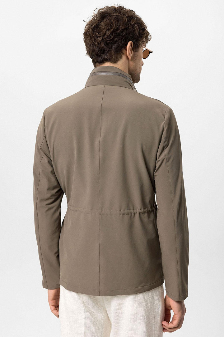 Men's Khaki Stand Collar Safari  Jacket - Wessi