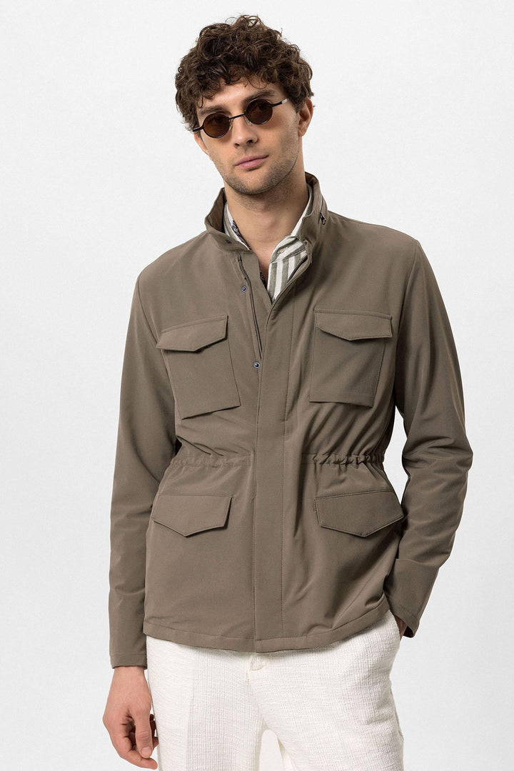 Men's Khaki Stand Collar Safari  Jacket - Wessi