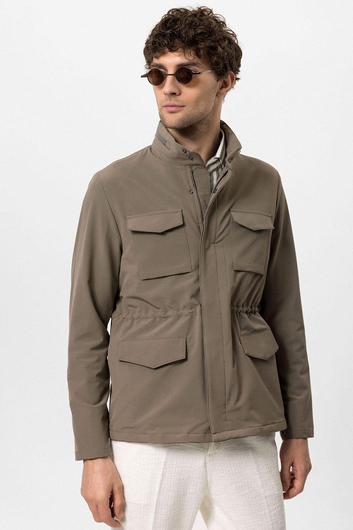 Men's Khaki Stand Collar Safari  Jacket - Wessi