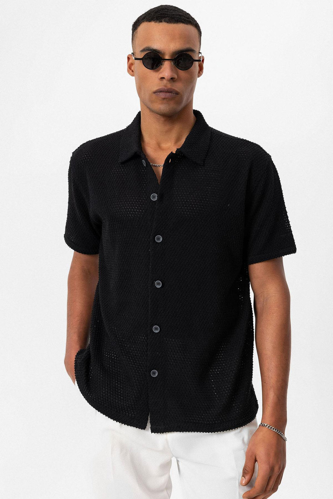 Camisa de hombre negra texturizada de manga corta - Wessi