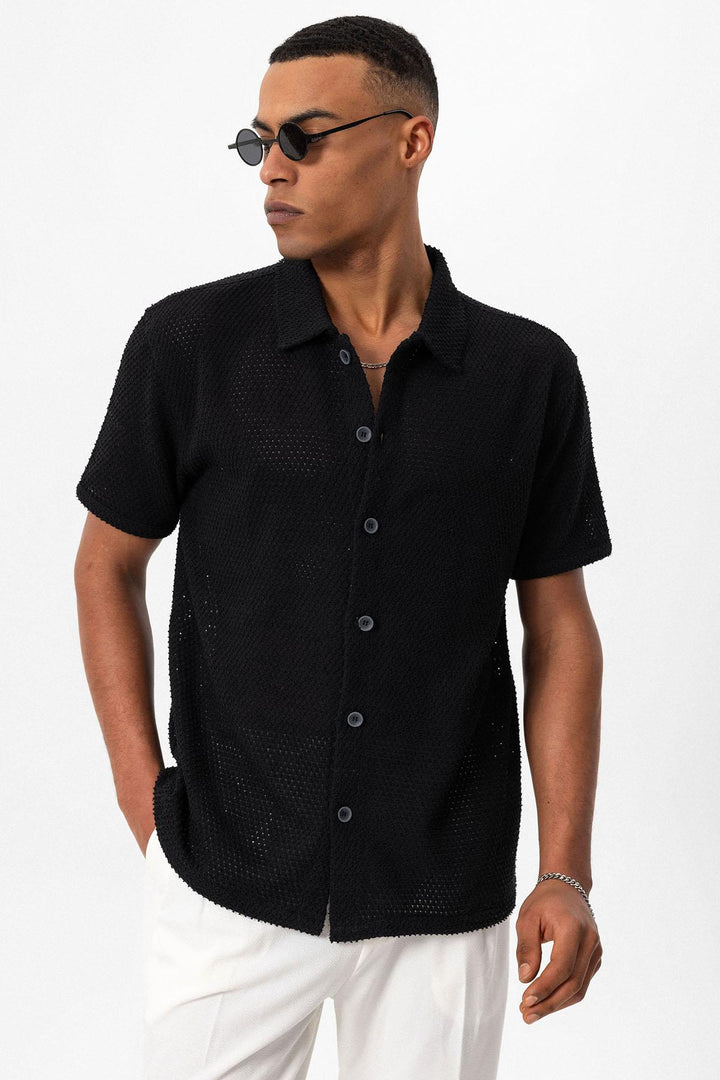 Camisa de hombre negra texturizada de manga corta - Wessi