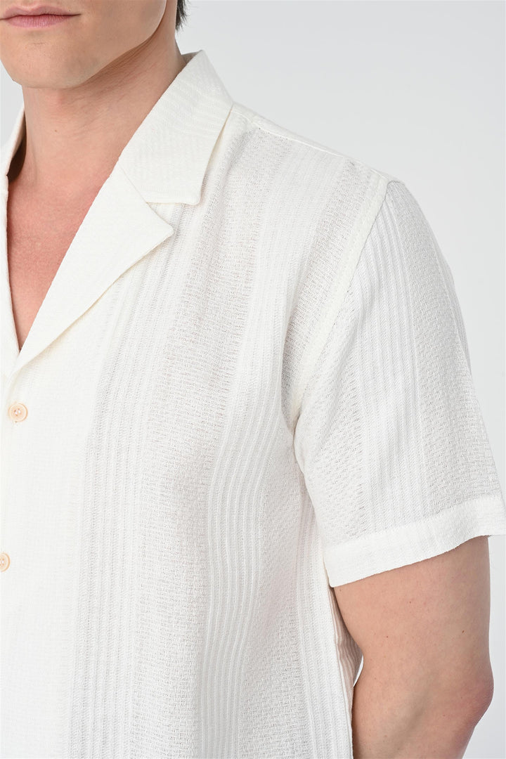 Men's White Woven Patterned Short Sleeve  Shirt - Wessi