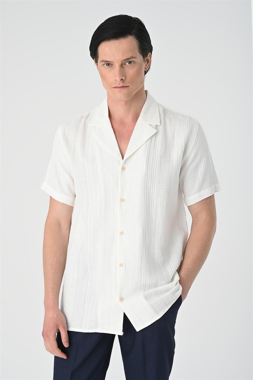 Men's White Woven Patterned Short Sleeve  Shirt - Wessi