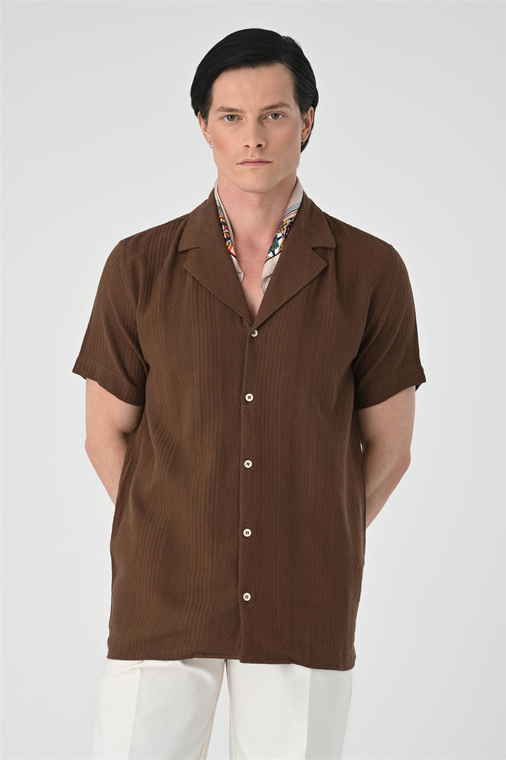 Camicia a maniche corte con motivo intrecciato marrone da uomo - Wessi