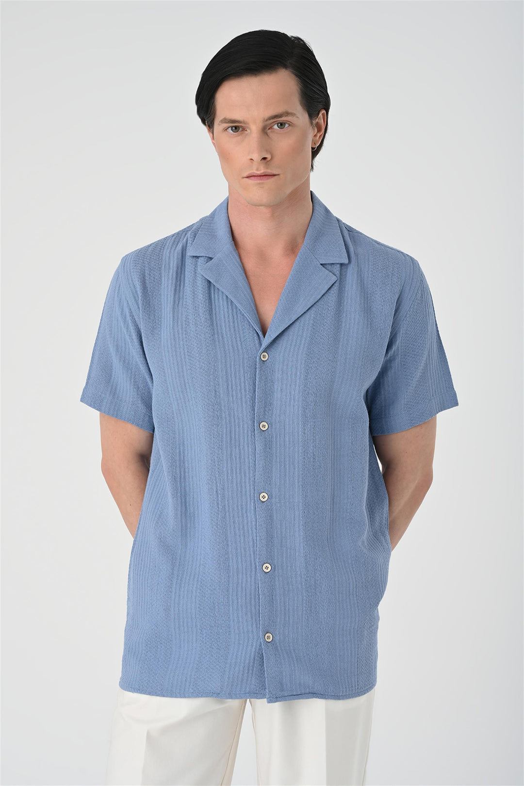 Men's Light Blue Woven Patterned Short Sleeve  Shirt - Wessi