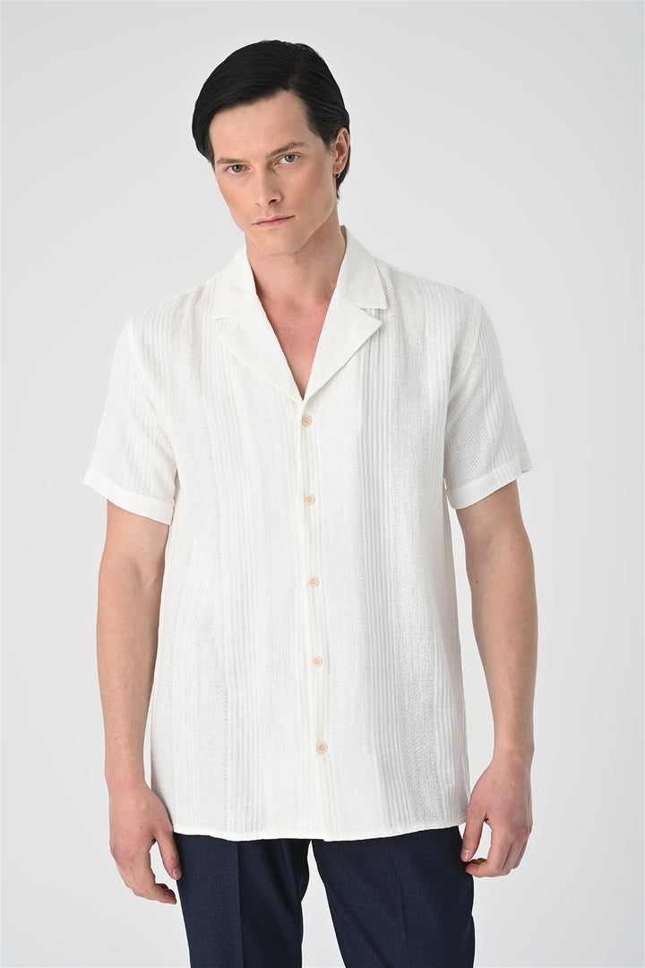 Men's White Woven Patterned Short Sleeve  Shirt - Wessi