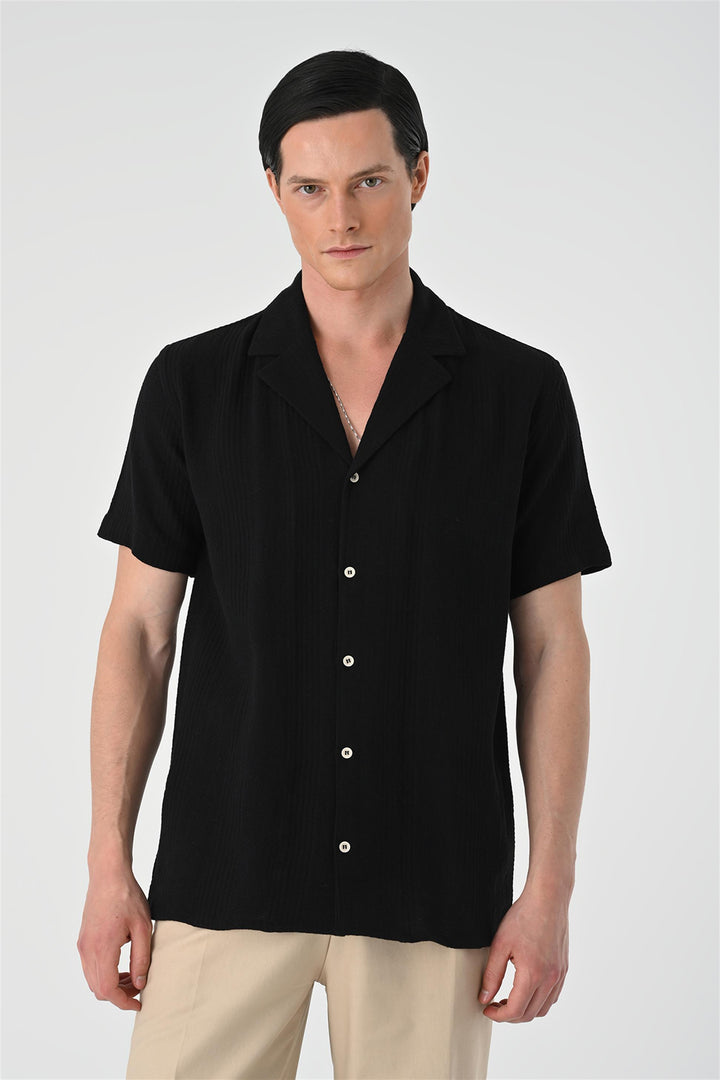 Camisa de manga corta de hombre negra con estampado tejido - Wessi