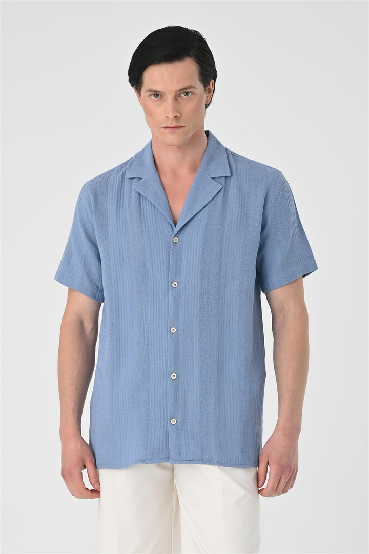 Men's Light Blue Woven Patterned Short Sleeve  Shirt - Wessi