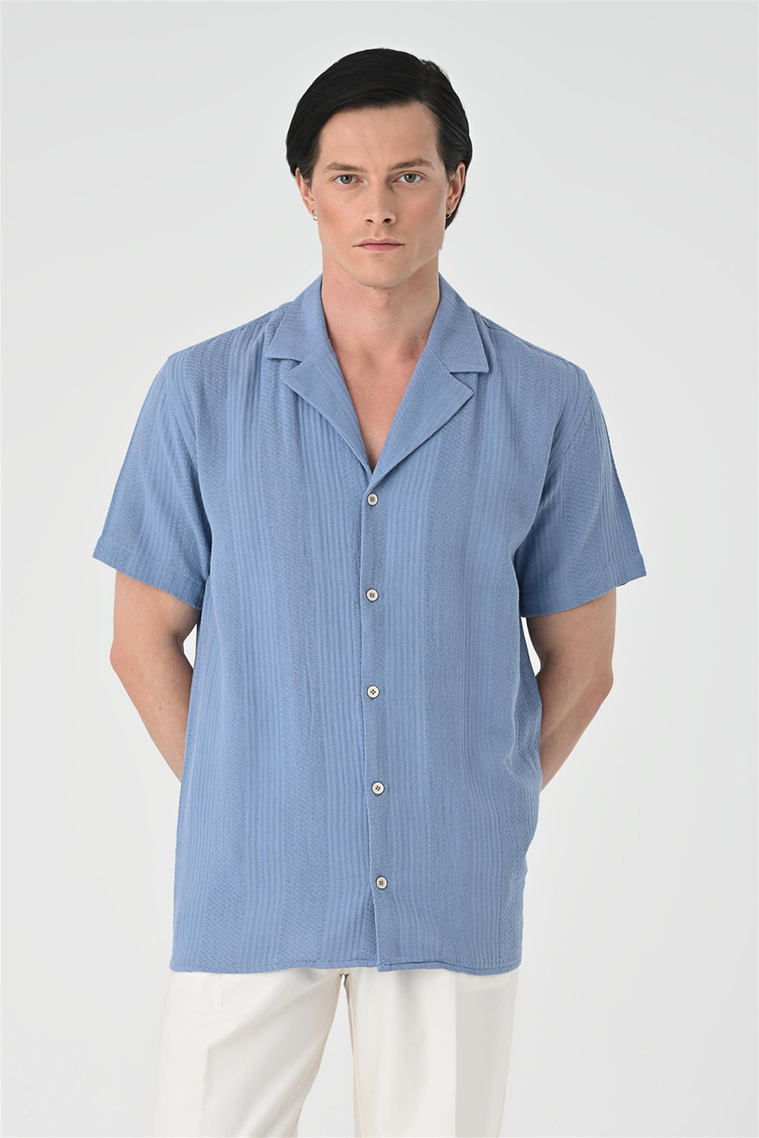 Men's Light Blue Woven Patterned Short Sleeve  Shirt - Wessi