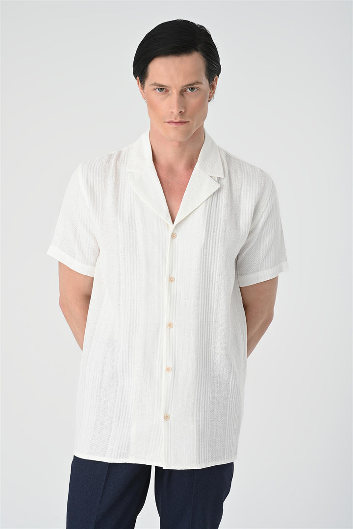 Men's White Woven Patterned Short Sleeve  Shirt - Wessi