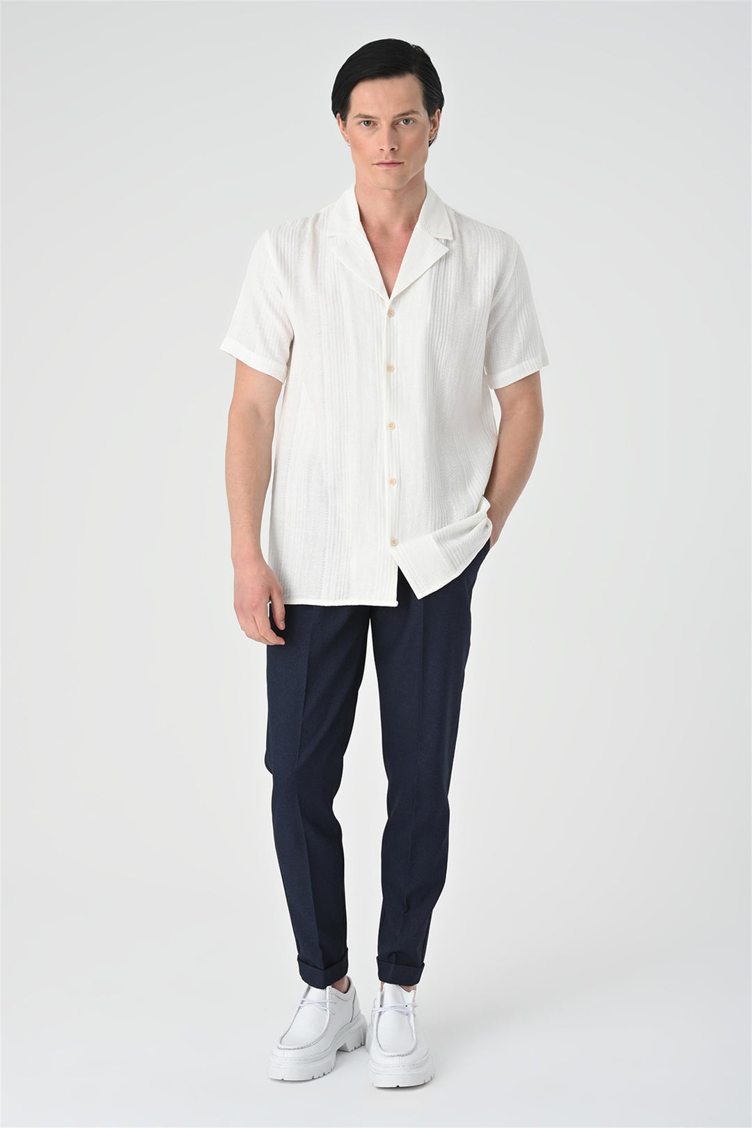 Men's White Woven Patterned Short Sleeve  Shirt - Wessi