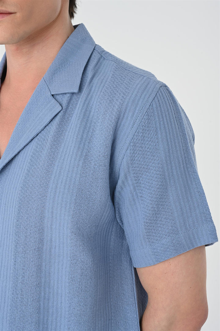 Men's Light Blue Woven Patterned Short Sleeve  Shirt - Wessi