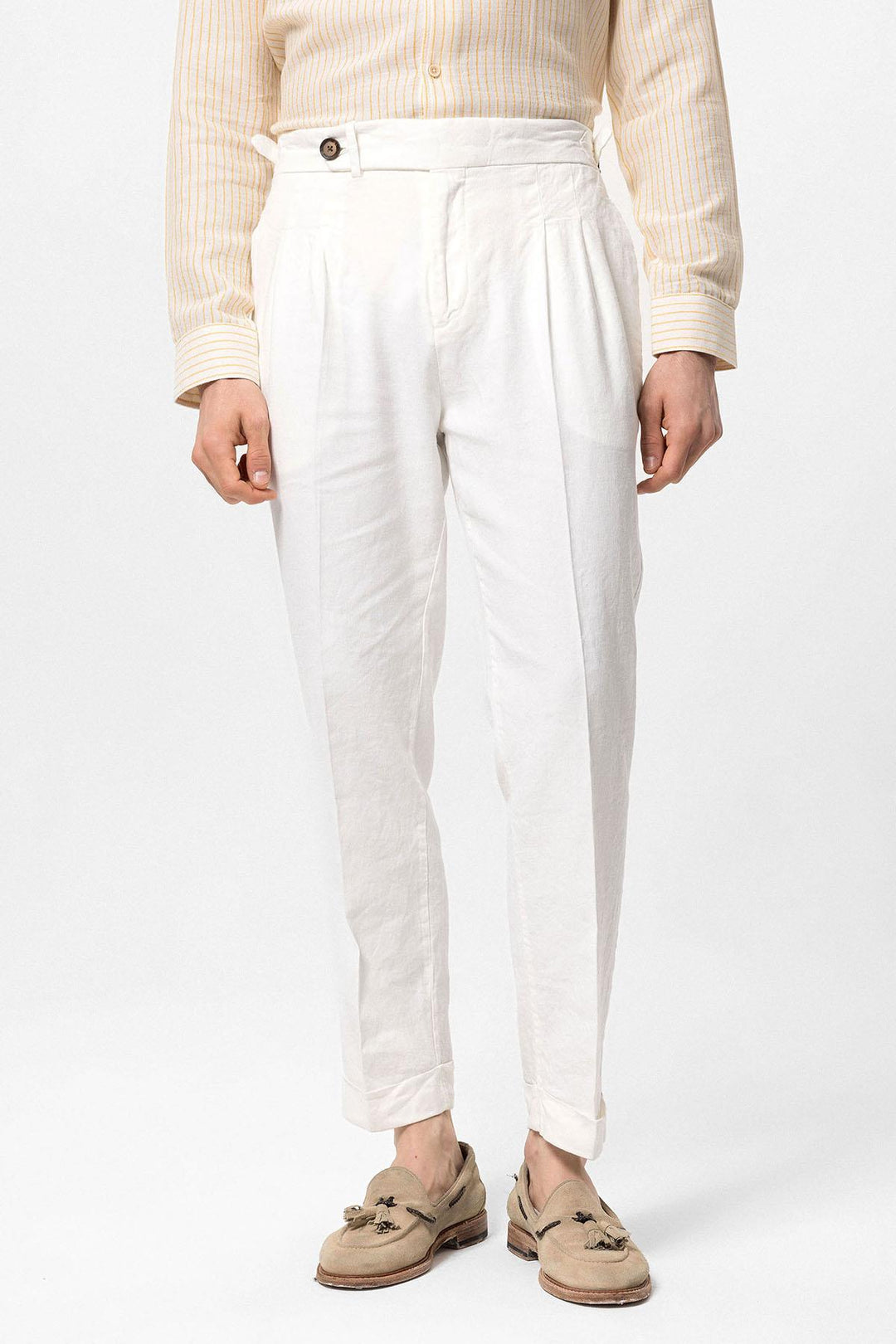 Pantalon Taille Haute Blanc à Revers Homme - Wessi