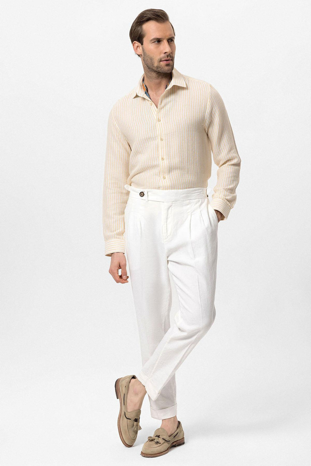 Pantalon Taille Haute Blanc à Revers Homme - Wessi