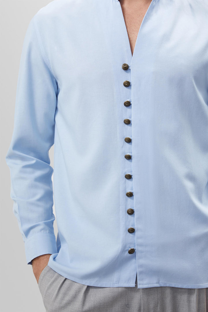 Men's Baby Blue Button Detailed Stand Up Collar  Shirt - Wessi