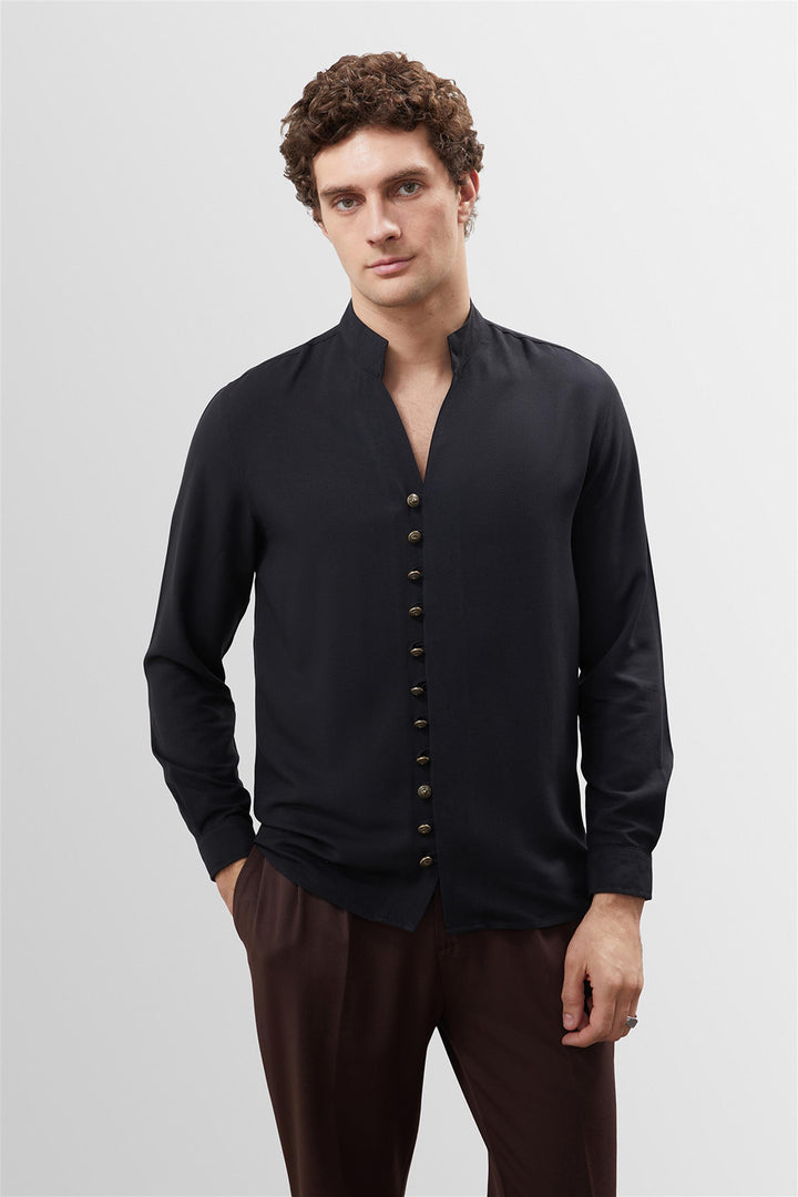 Men's Black Button Detailed Stand Up Collar  Shirt - Wessi