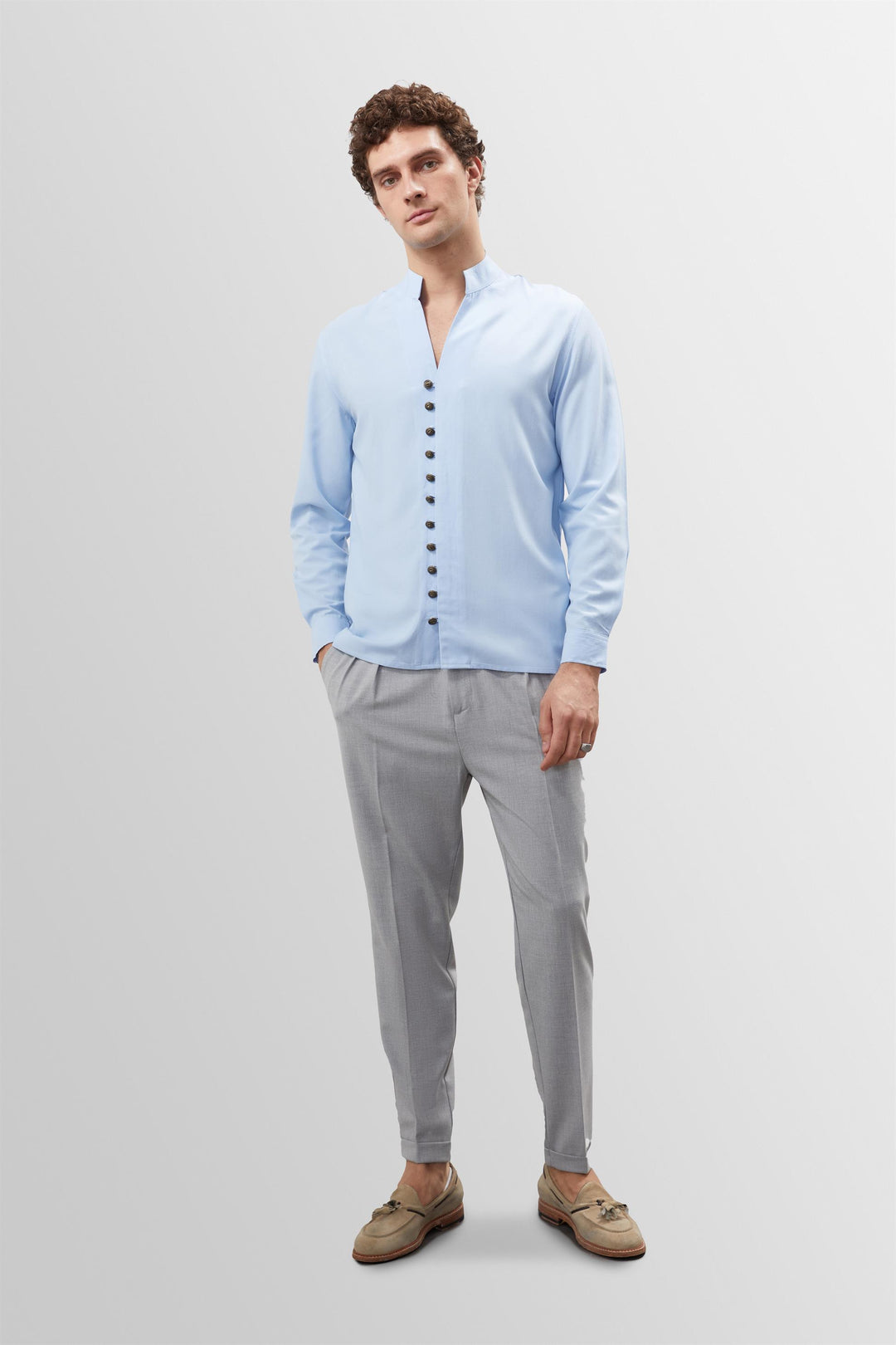 Men's Baby Blue Button Detailed Stand Up Collar  Shirt - Wessi