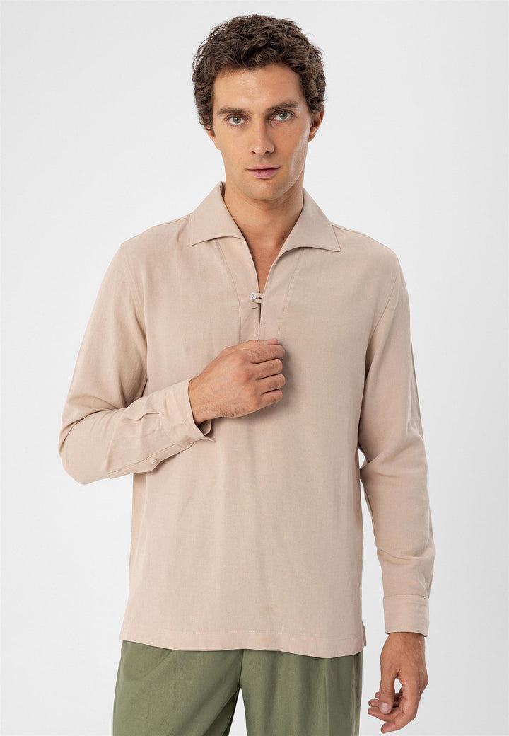 Men's Beige Button Detailed  Shirt - Wessi