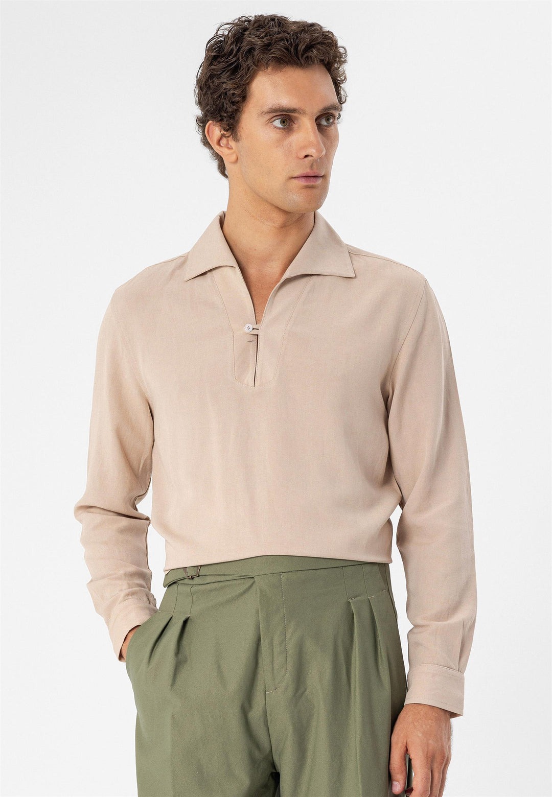 Men's Beige Button Detailed  Shirt - Wessi