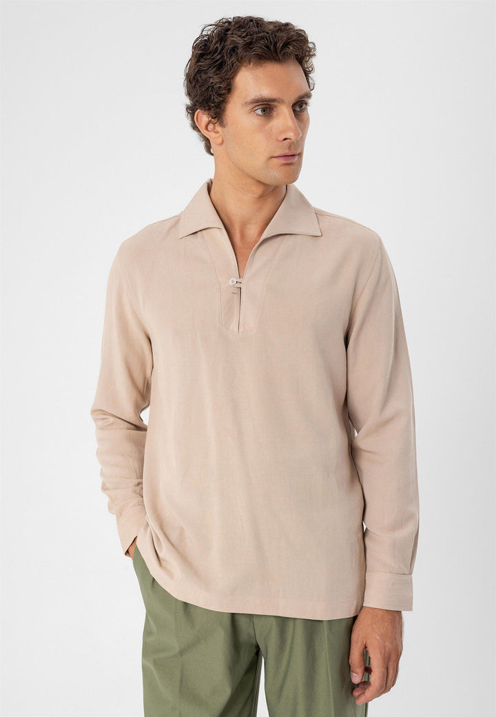 Men's Beige Button Detailed  Shirt - Wessi