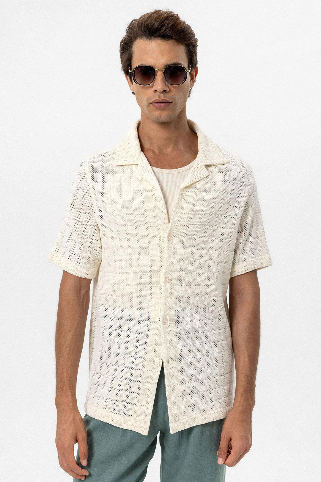 Camisa tejida con cuello Camp crudo para hombre - Wessi