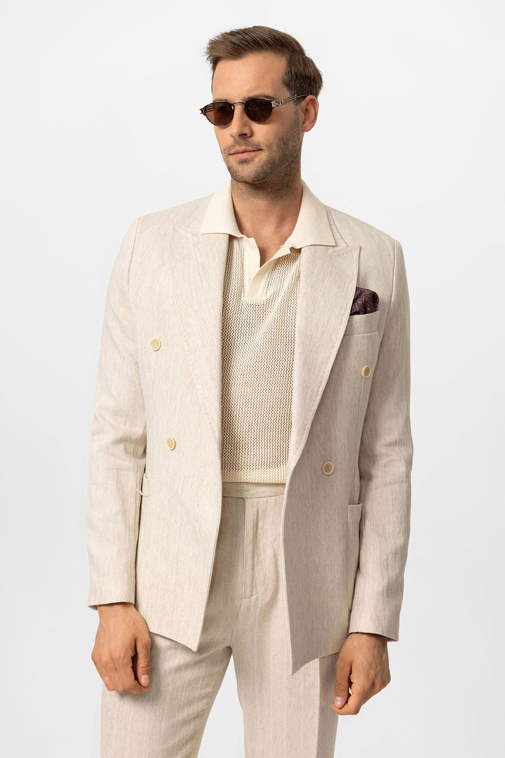 Men's Ecru-White Linen Blend Double-Breasted Jacket - Wessi