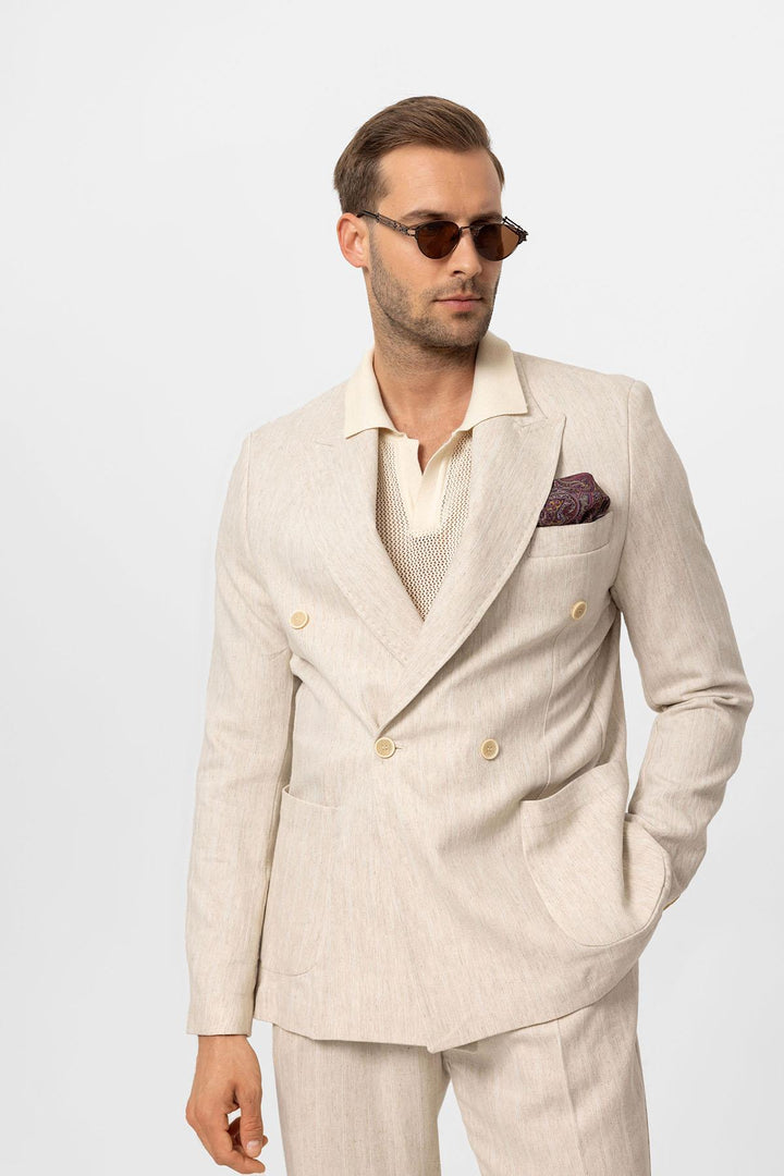 Men's Ecru-White Linen Blend Double-Breasted Jacket - Wessi