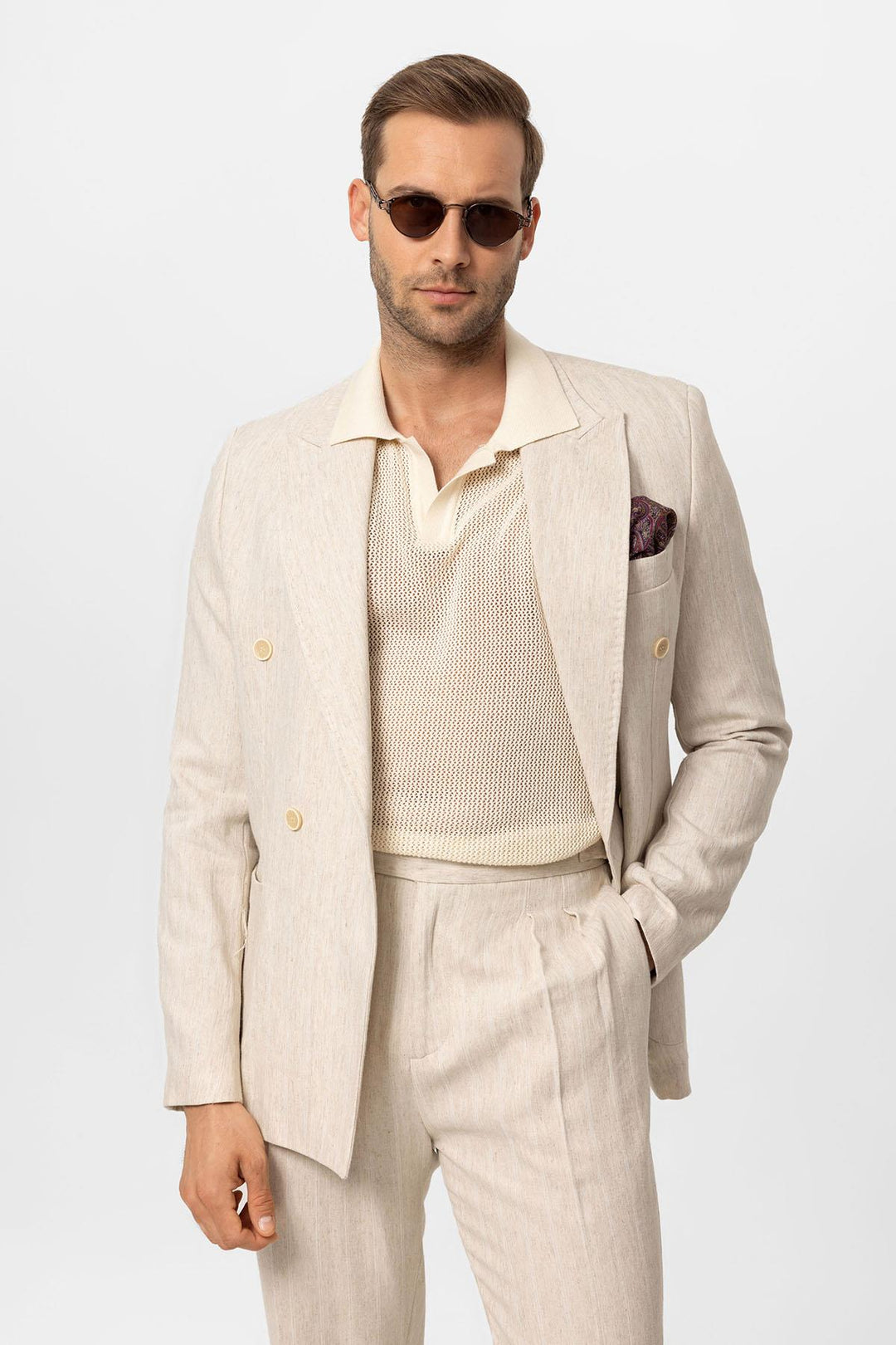 Men's Ecru-White Linen Blend Double-Breasted Jacket - Wessi