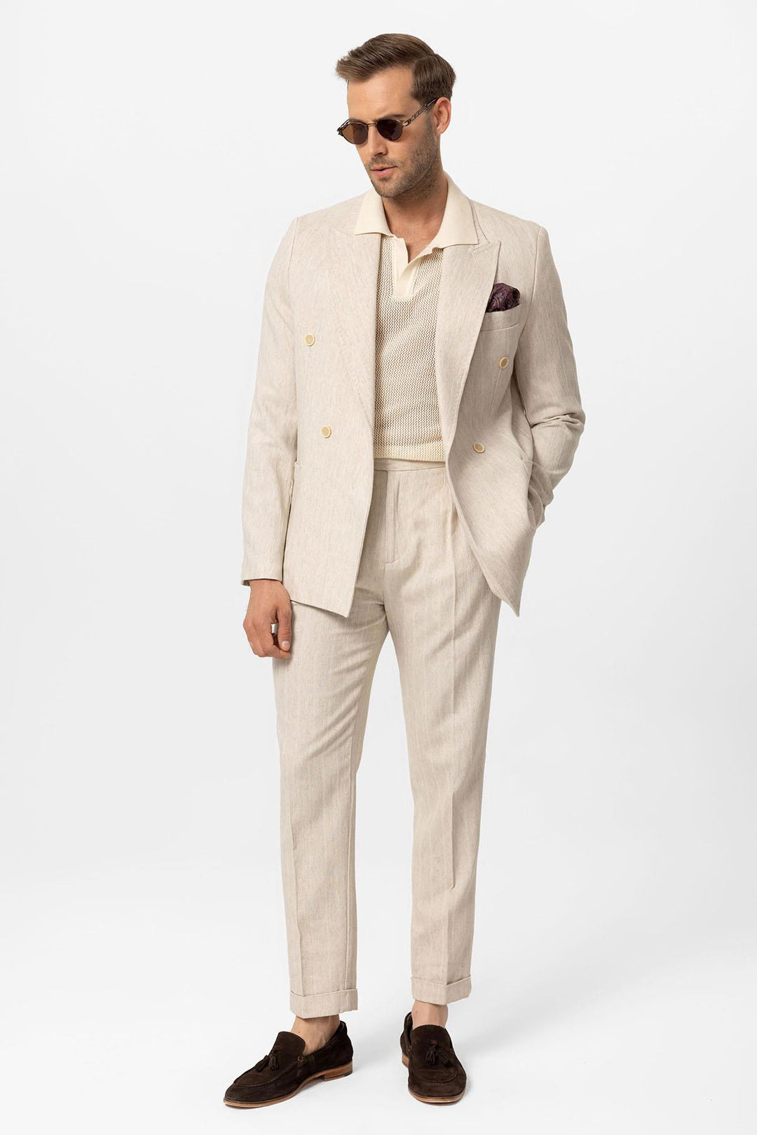 Men's Ecru-White Linen Blend Double-Breasted Jacket - Wessi