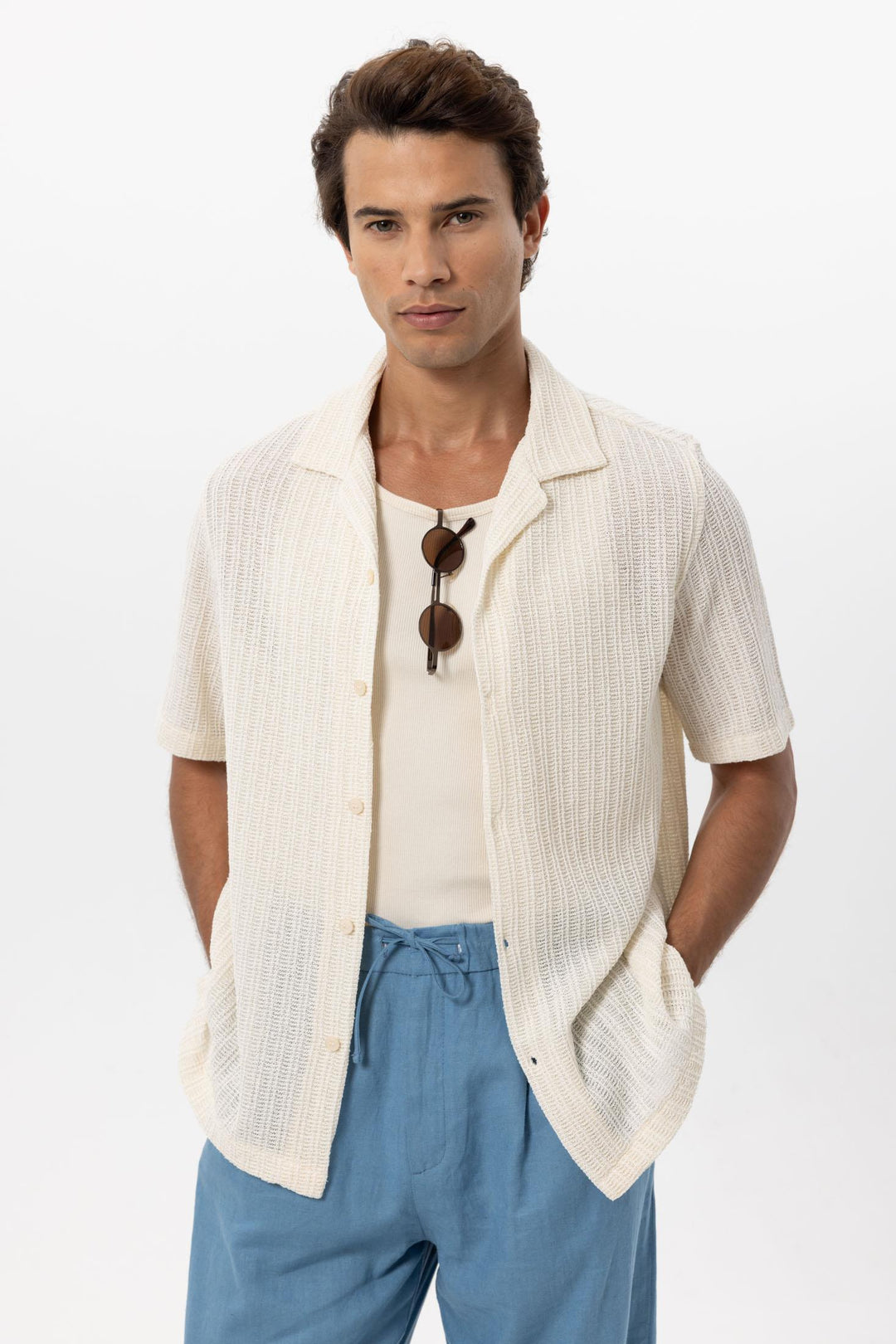 Men's Ecru Textured Crochet Shirt - Wessi