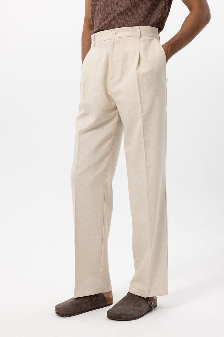 Men's Ecru Linen Blend Baggy Pants - Wessi