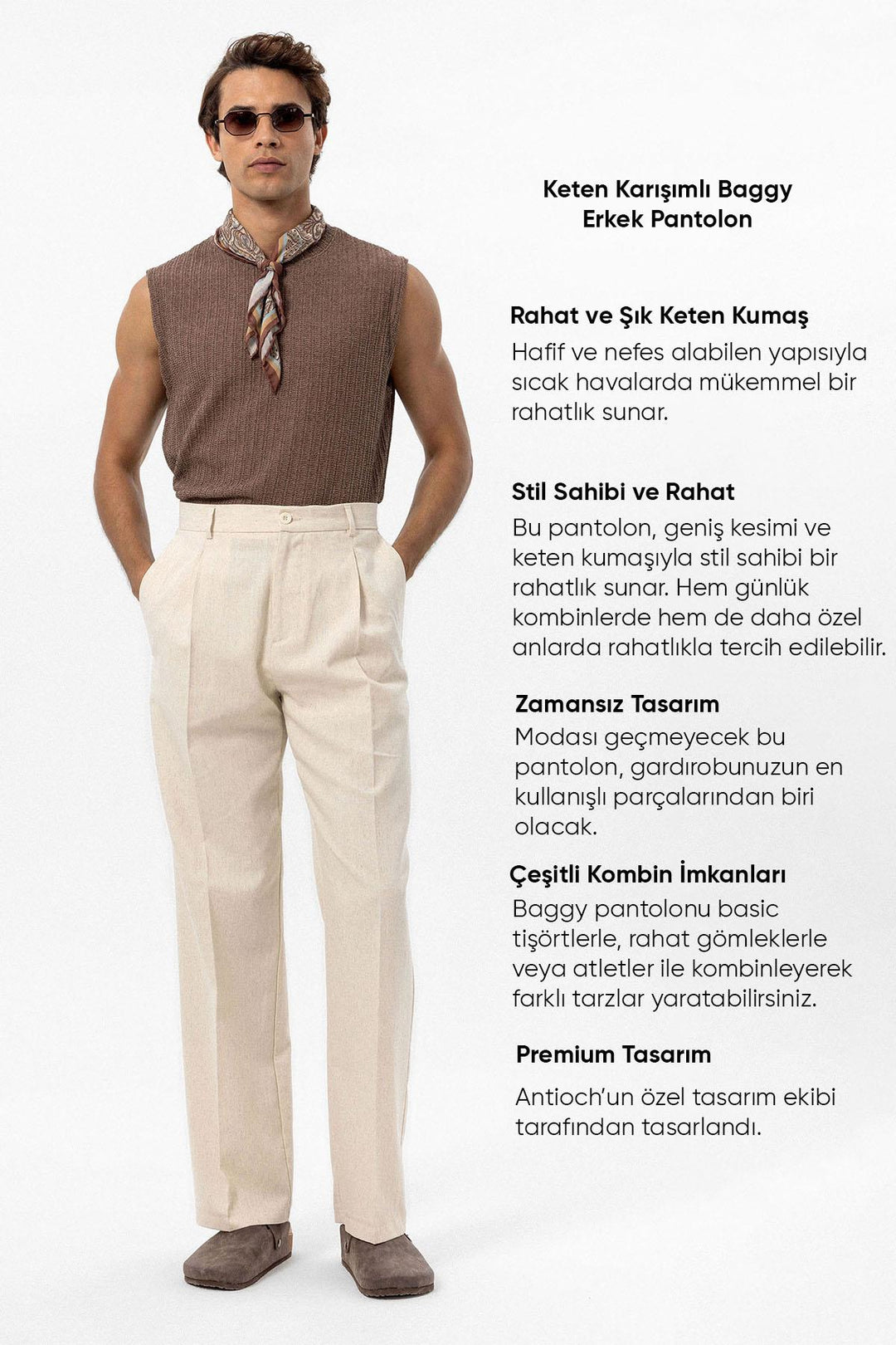 Men's Ecru Linen Blend Baggy Pants - Wessi