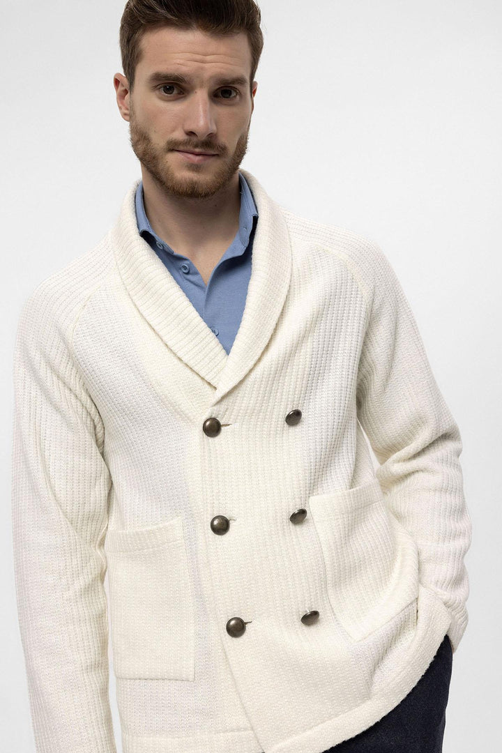 Ecru Shawl Collar Double-Breasted Men's Cardigan - Wessi