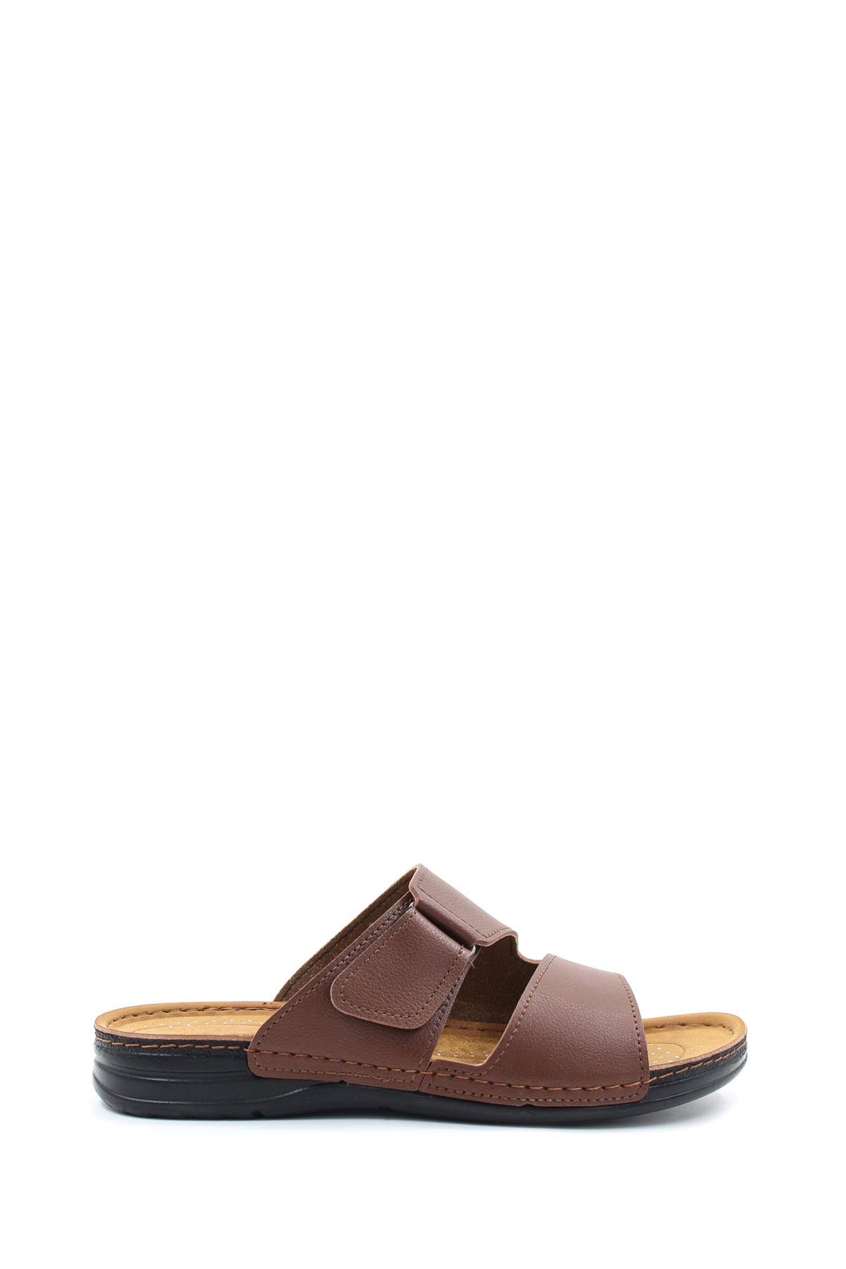 Men s Brown Leather Slide Sandals with Velcro Straps Wessi