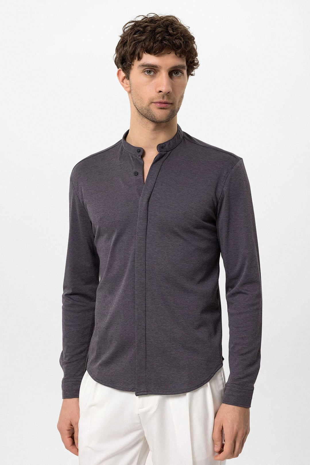 Men's Anthracite Classic Collar Hidden Button Long Sleeve Slim Fit Shirt - Wessi