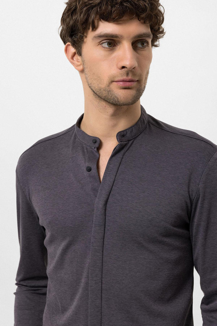 Men's Anthracite Classic Collar Hidden Button Long Sleeve Slim Fit Shirt - Wessi