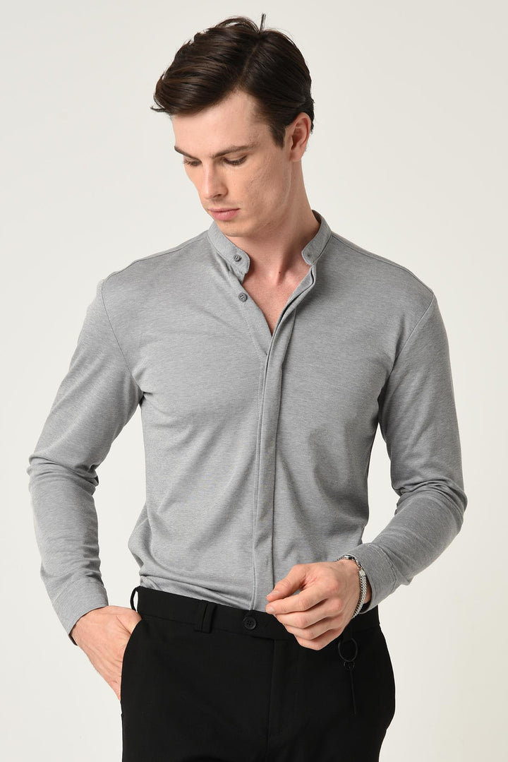 Camisa Slim Fit de manga larga con botones ocultos y cuello clásico gris para hombre - Wessi