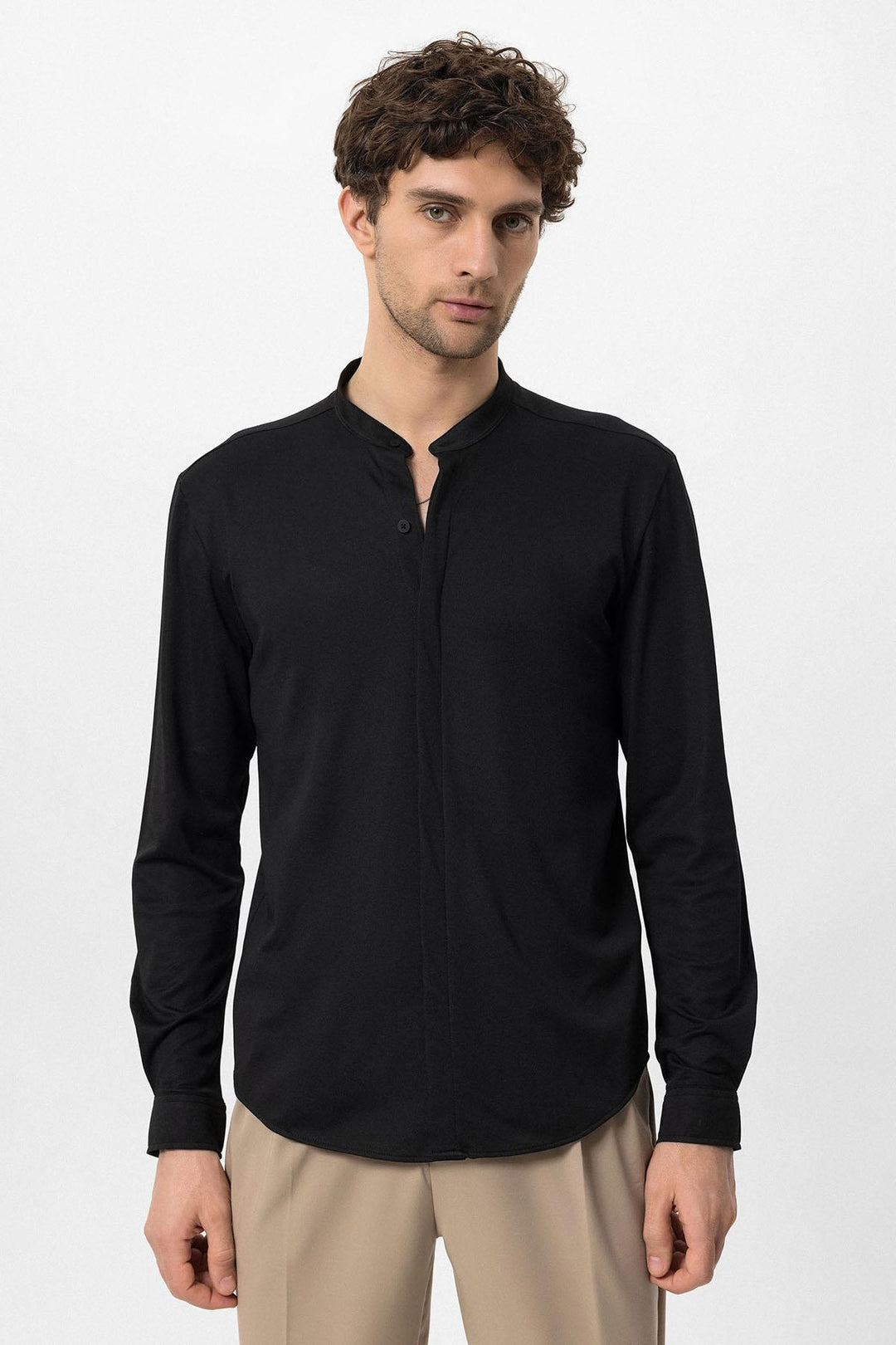 Men's Black Classic Collar Hidden Button Long Sleeve Slim Fit Shirt - Wessi