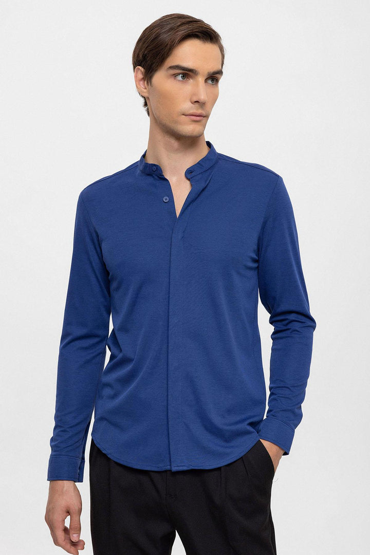 Men's Sax Classic Collar Hidden Button Long Sleeve Slim Fit Shirt - Wessi