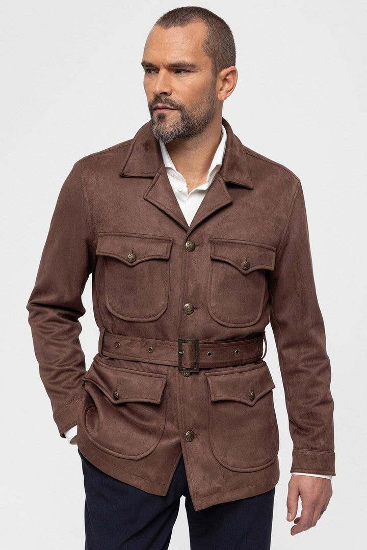 Manteau Homme Marron Foncé Slim Fit Ceinturé En Daim - Wessi