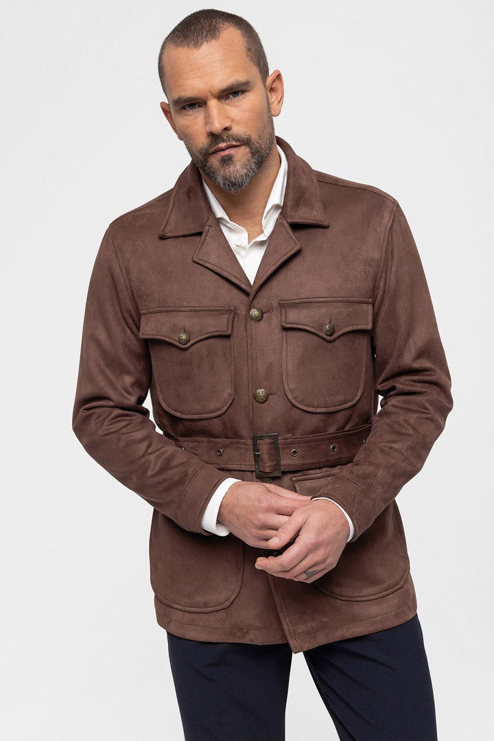 Manteau Homme Marron Foncé Slim Fit Ceinturé En Daim - Wessi