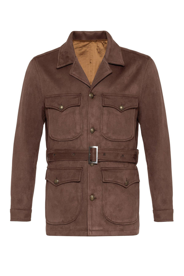 Manteau Homme Marron Foncé Slim Fit Ceinturé En Daim - Wessi