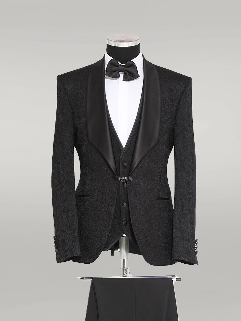 3-Piece Patterned Single Button Satin Lapel Black Men's Tuxedo with Bow Tie - Wessi