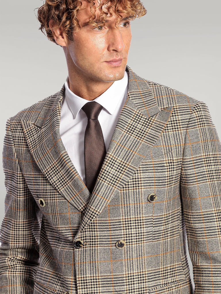 Double Breasted Checked Grey Men Blazer - Wessi