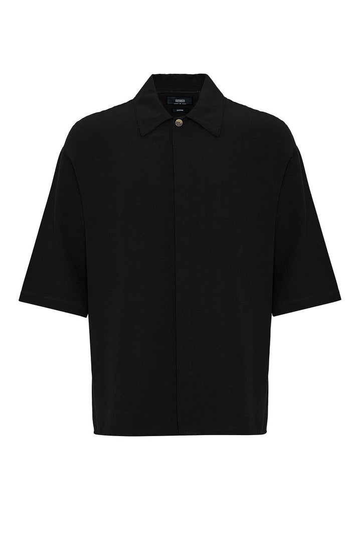 Men's Black Elbow-Length Sleeve Hidden Button Closure Oversize  Shirt - Wessi