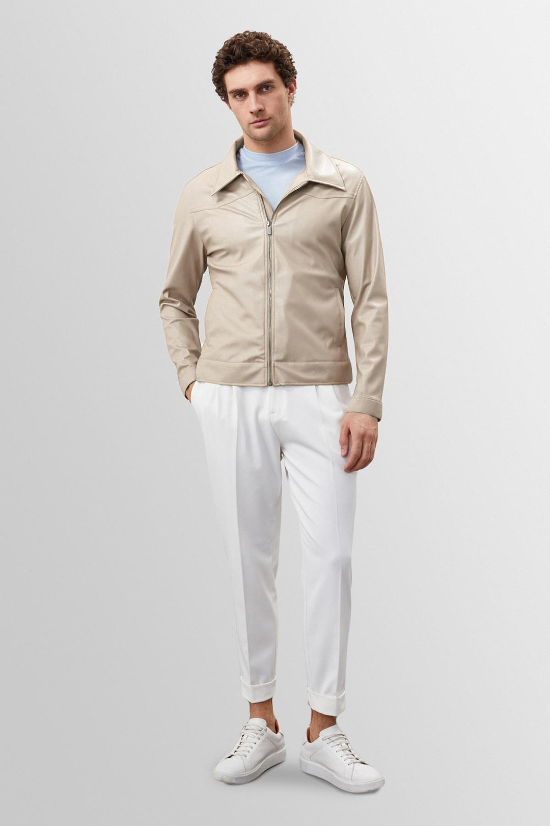 Cappotto in ecopelle beige con cerniera da uomo - Wessi